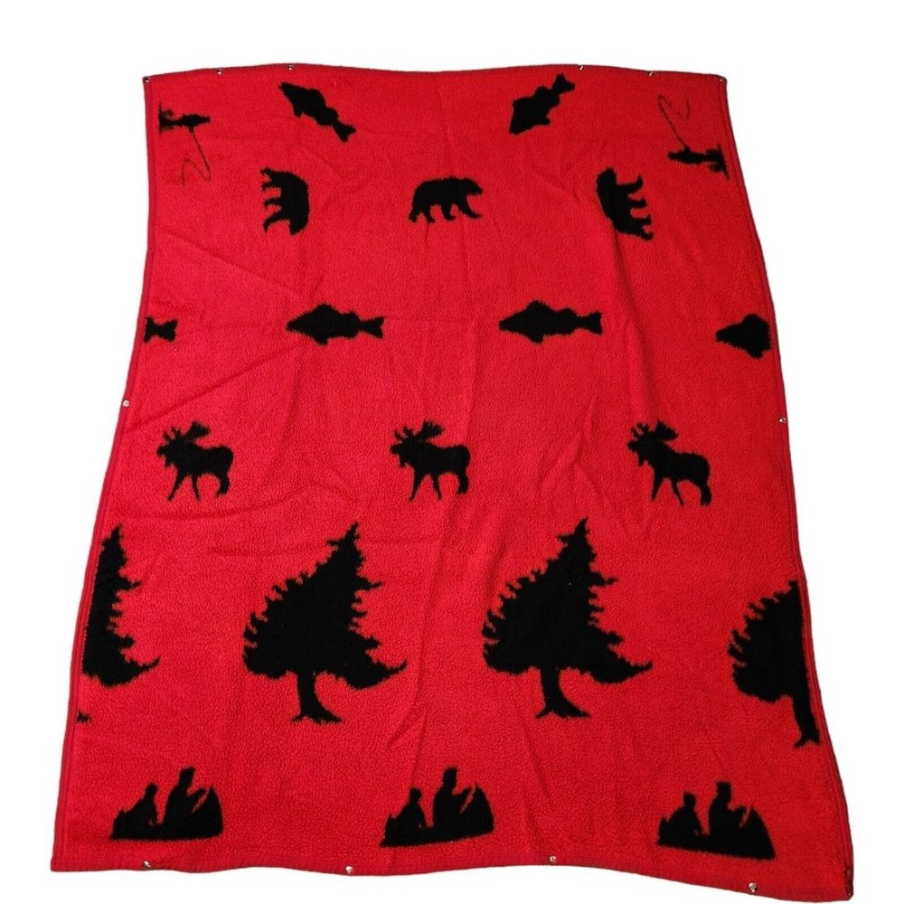 Vintage Red and Black Cabin Lake Biederlack 55”x 64” Snap Wrap Blanket